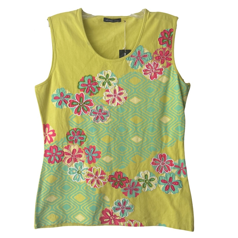 NWT Michael Simon Lime Green Pink Teal Sleeveless Summer Cotton Top Womens Small